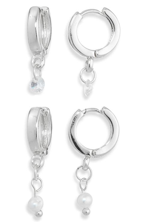 Set of 2 Faux Pearl & Cubic Zirconia Huggie Hoop Earrings