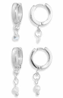 NORDSTROM RACK Set of 2 Faux Pearl & Cubic Zirconia Huggie Hoop Earrings