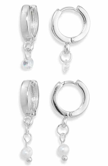 NORDSTROM RACK Set of 2 Faux Pearl & Cubic Zirconia Huggie Hoop Earrings