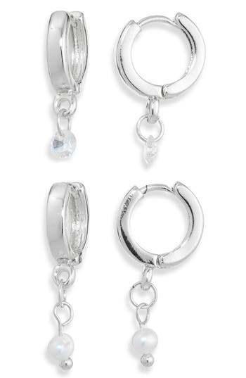 Nordstrom Rack Set Of 2 Faux Pearl & Cubic Zirconia Huggie Hoop Earrings In Silver