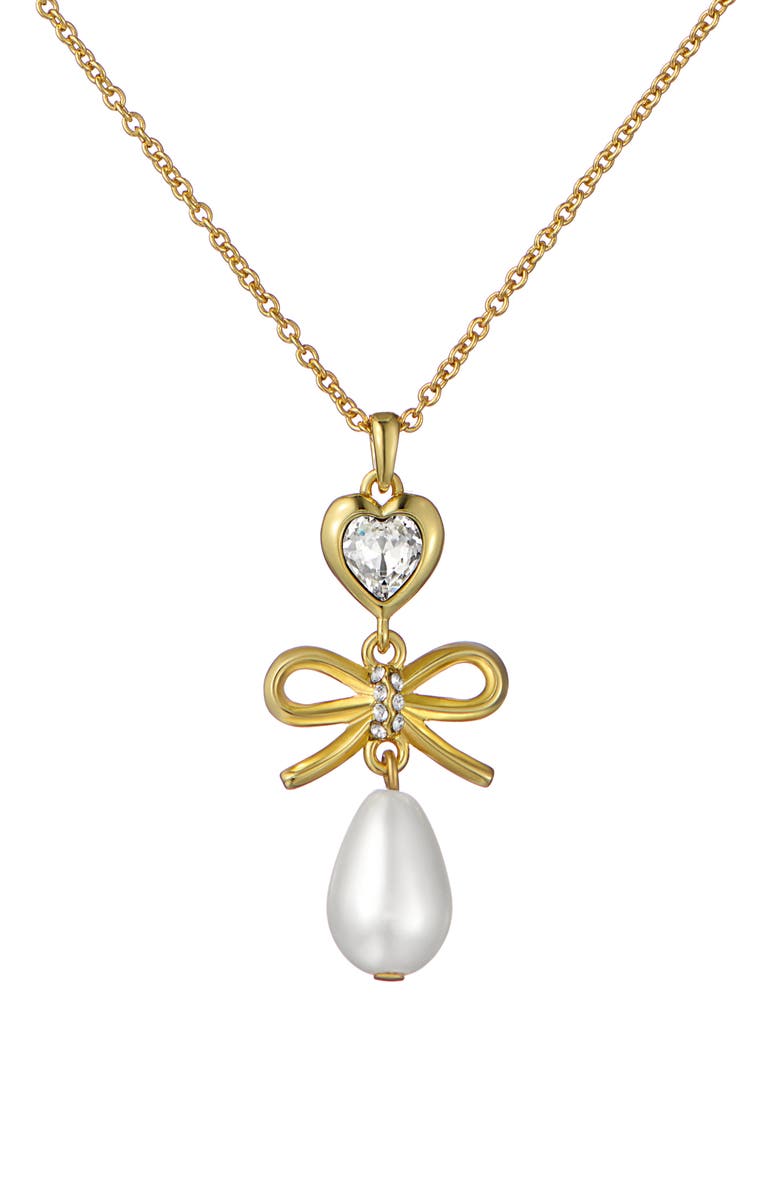 Ted Baker Imogen Icon Charm Heart Bow Faux Pearl Drop Pendant Necklace, Main, color, Metallic Gold