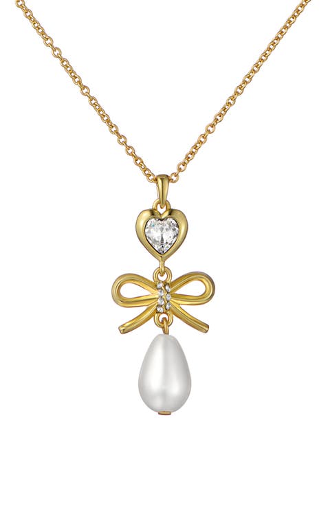 Imogen Icon Charm Heart Bow Faux Pearl Drop Pendant Necklace