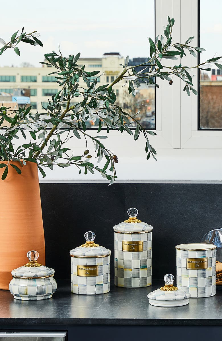 MACKENZIE CHILDS Sterling Check Enamel Squashed Pot, Alternate, color, Grey/ White