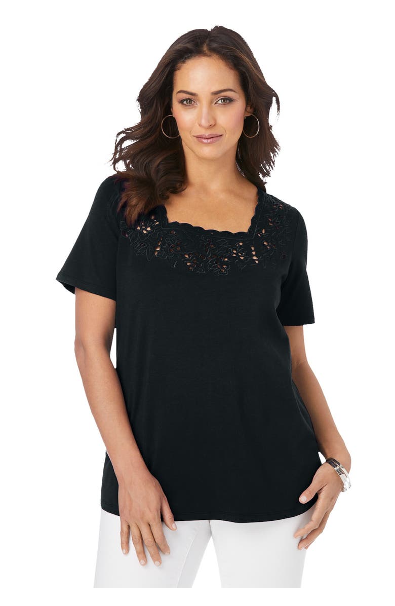 Jessica London Stretch Cotton Eyelet Cutout Tee, Main, color, Black