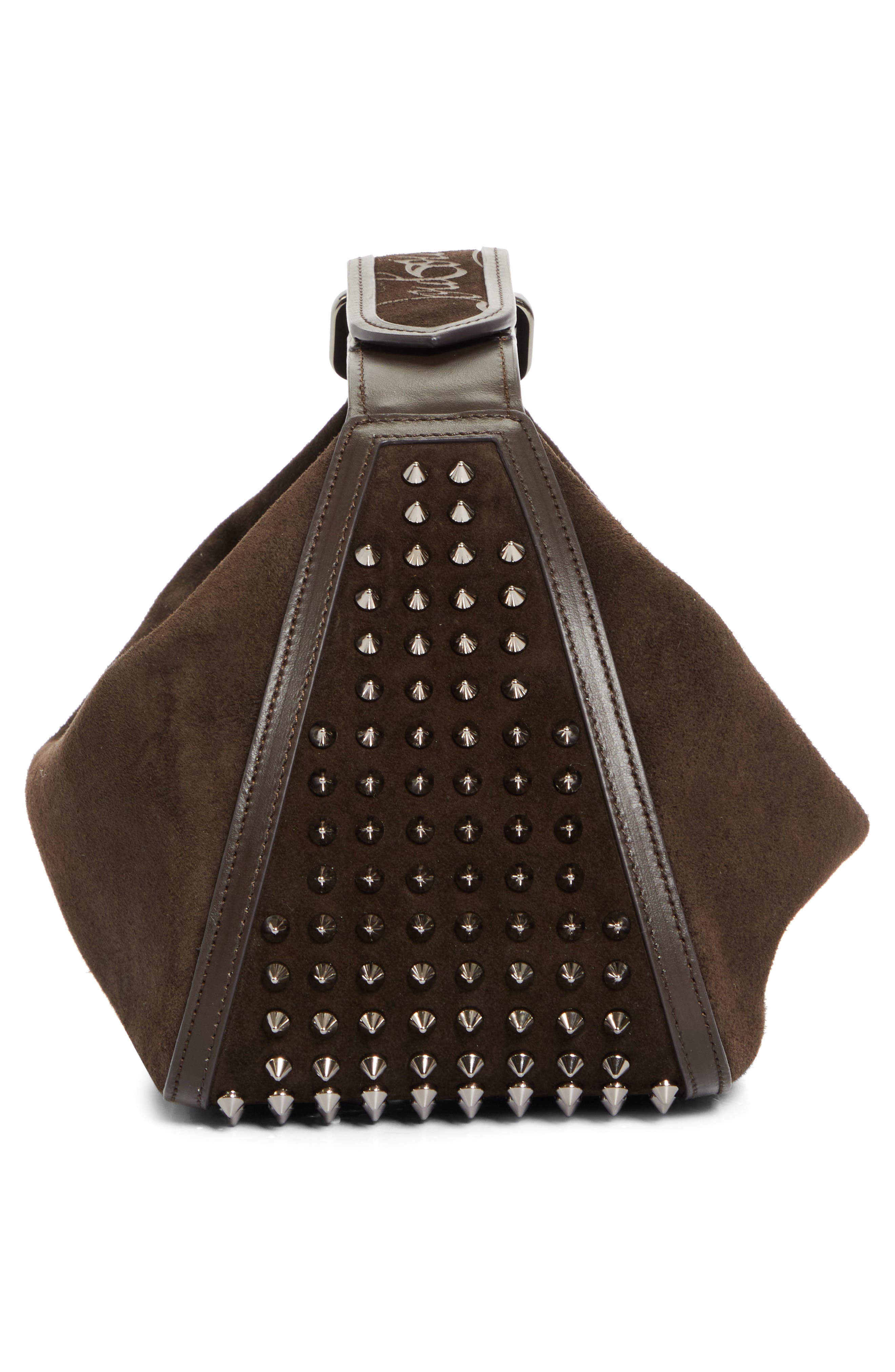 Christian Louboutin Funky Crosta Spikes Suede Dopp Kit, Alternate, color, Cafe/ Gun Metal