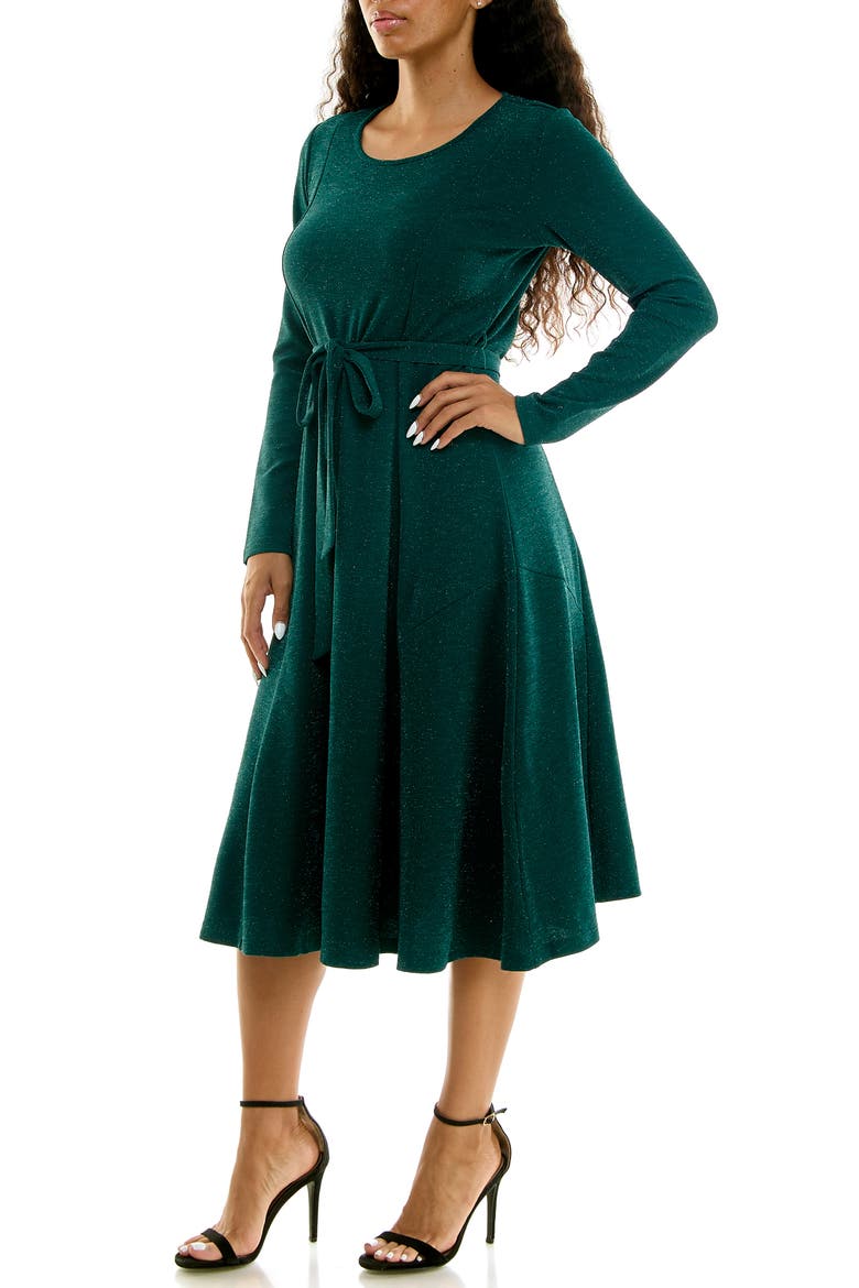 Sylvia Long Sleeve Tie Waist Midi Dress, Alternate, color, RAINFOREST