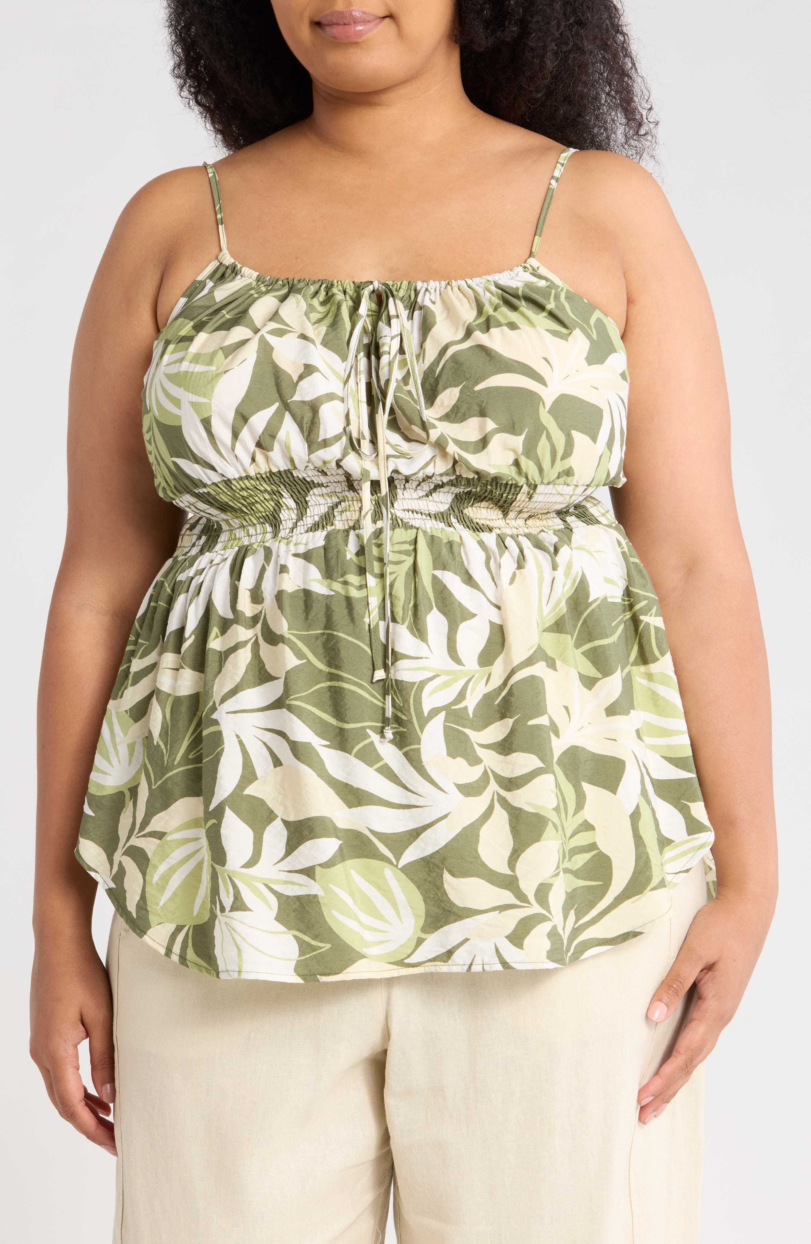 Renee C Tropical Print Smocked Peplum Camisole
