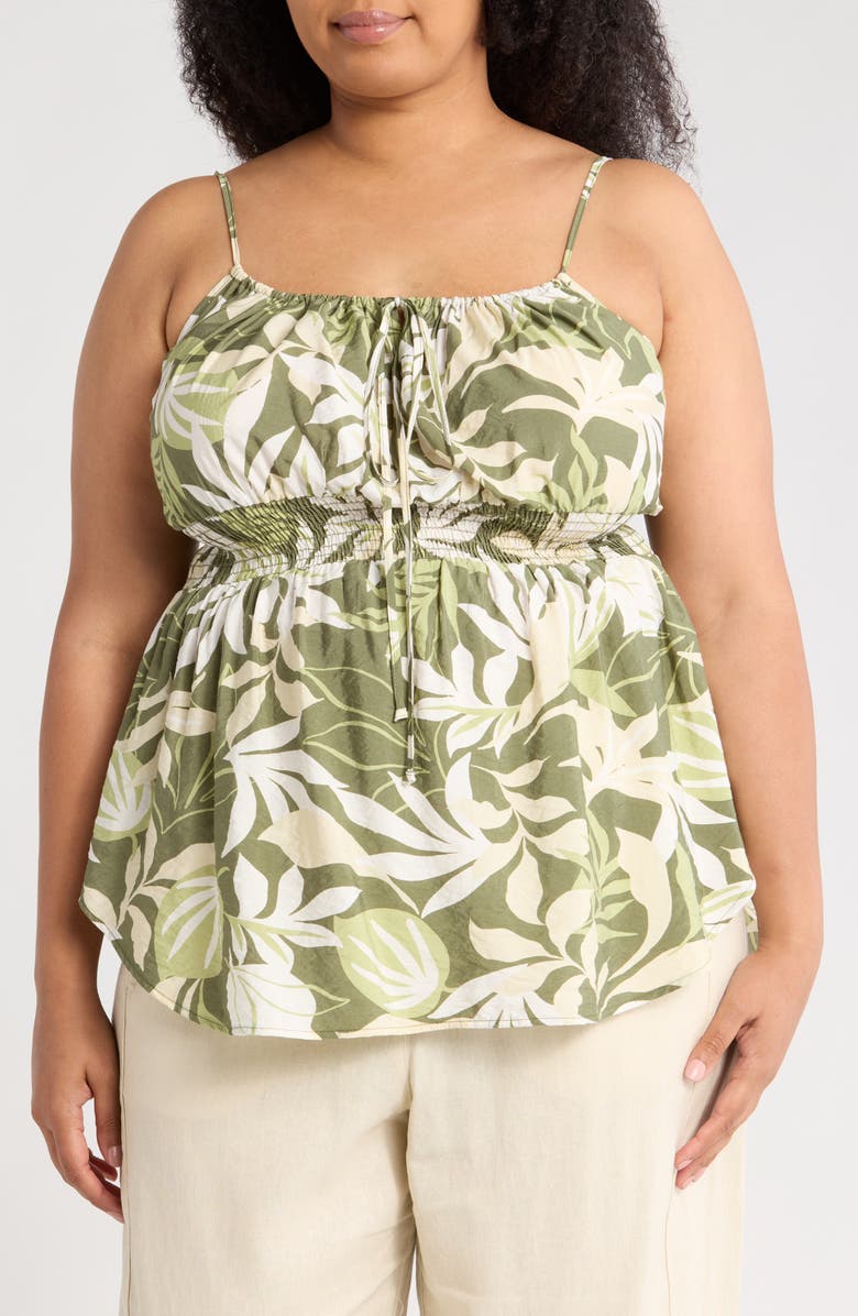 Renee C Tropical Print Smocked Peplum Camisole, Main, color, Olive