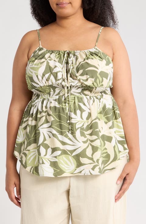 Tropical Print Smocked Peplum Camisole (Plus)