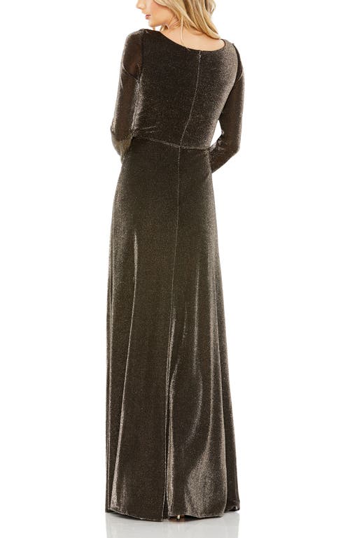 Mac Duggal Long Sleeve Faux Wrap A Line Gown In Brown