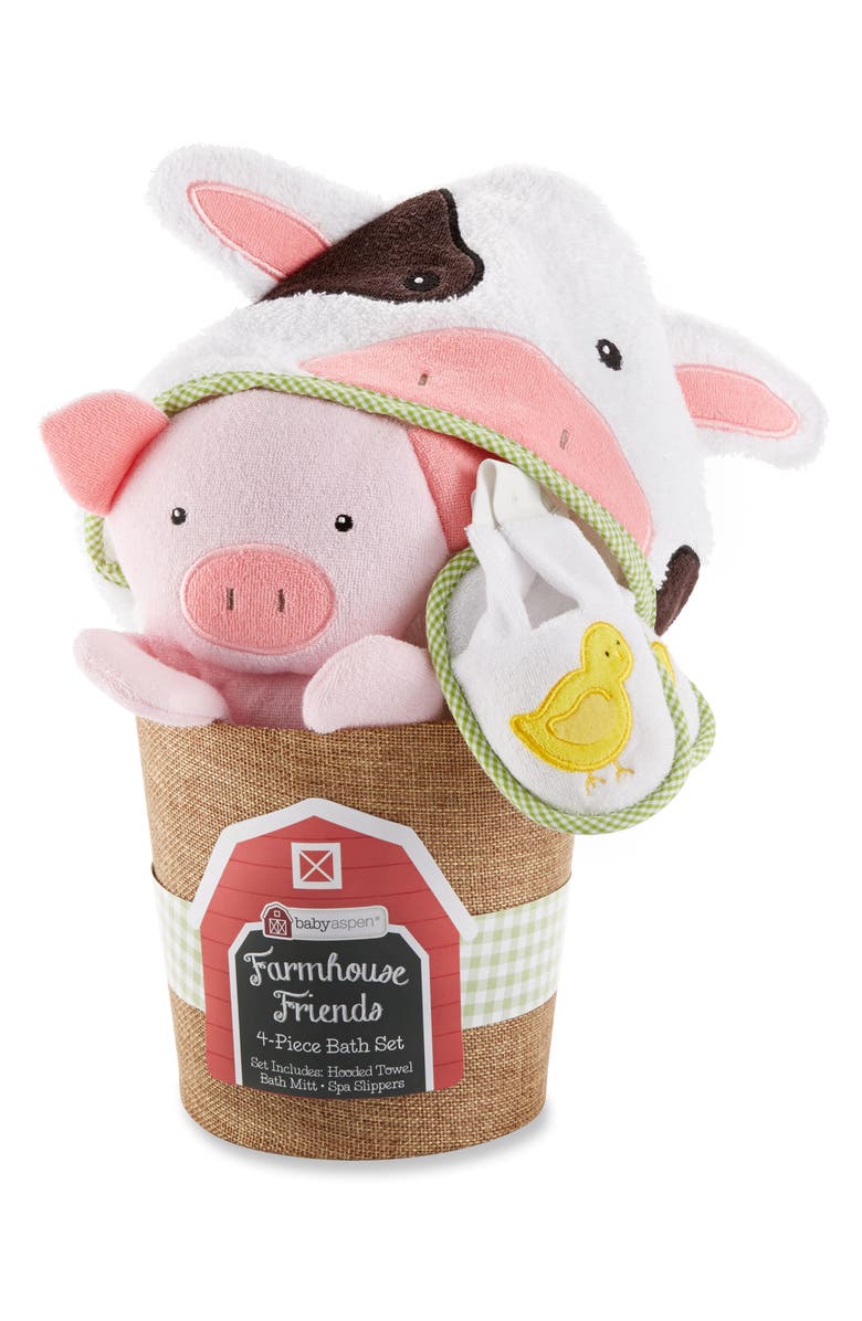 Baby Aspen Farmhouse Friends Hooded Robe, Slippers & Bath Mitt Set, Main, color,