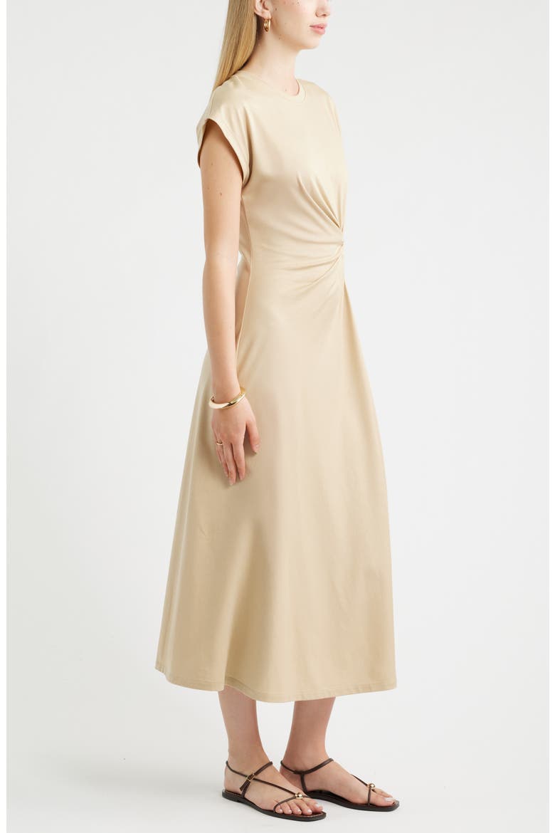 Crew Neck Side Twist Midi T-Shirt Dress, Alternate, color, TAN SAFARI
