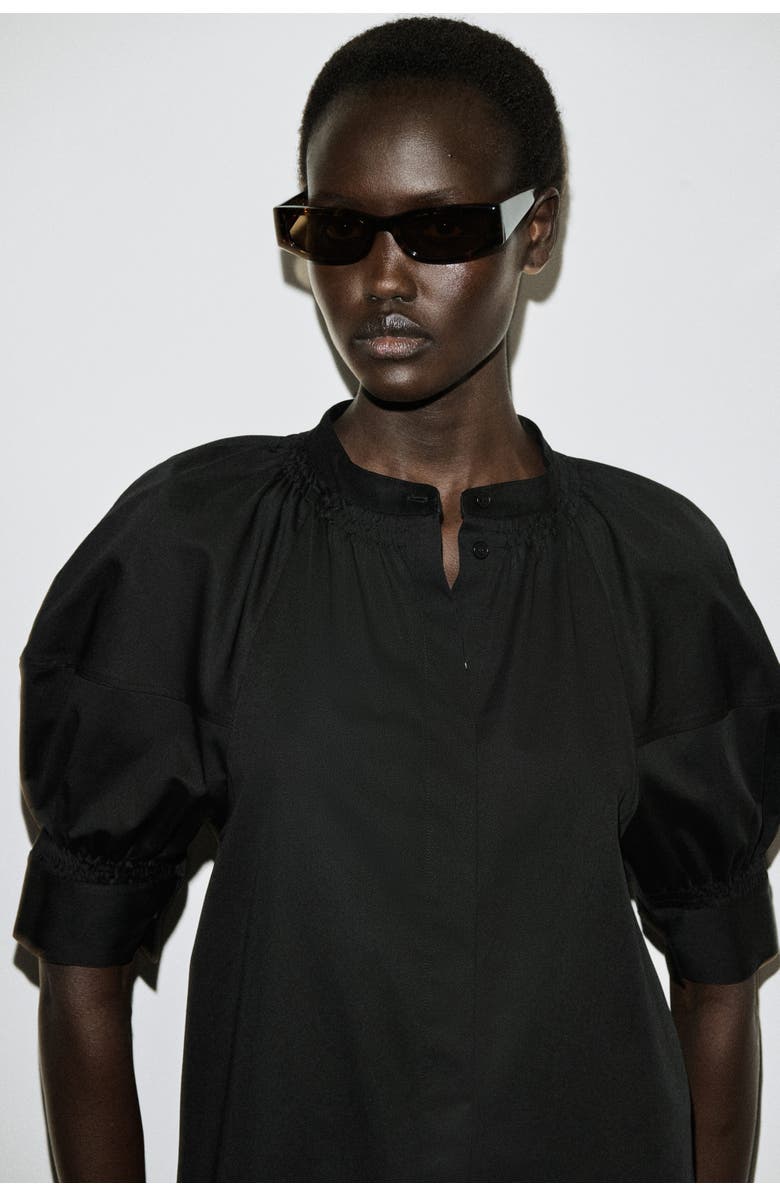 COS Smocked Puff-sleeve Shirt Dress, Alternate, color, Black