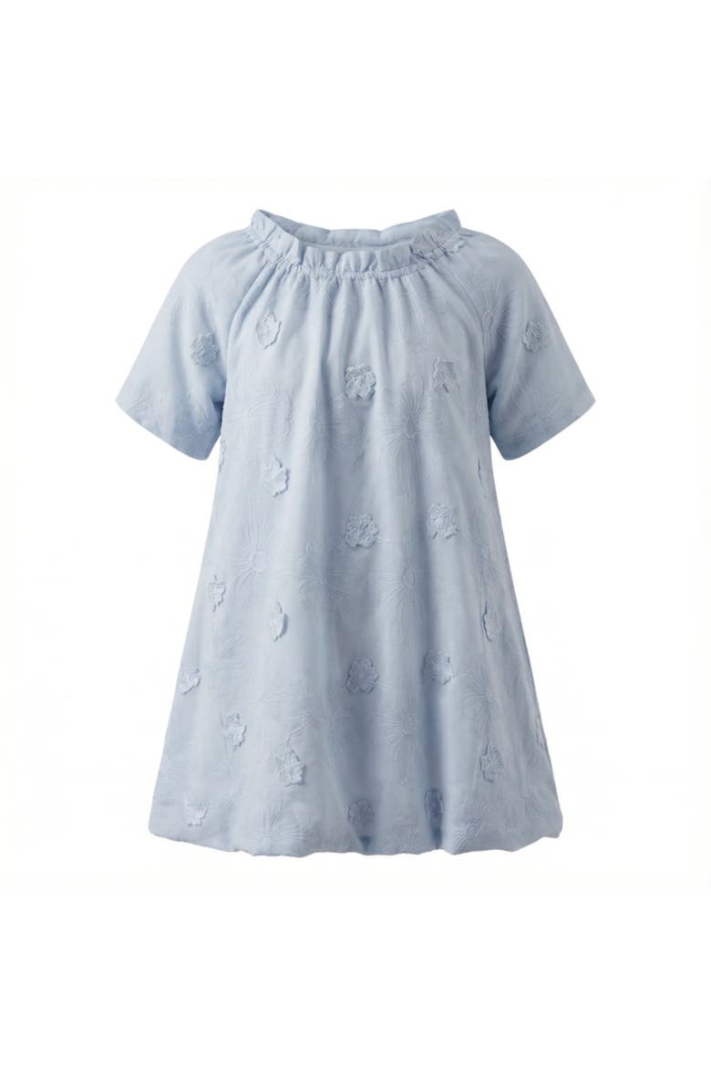 Floral Embroidery Applique Shirred Ruffle Dress, Main, color, Blue