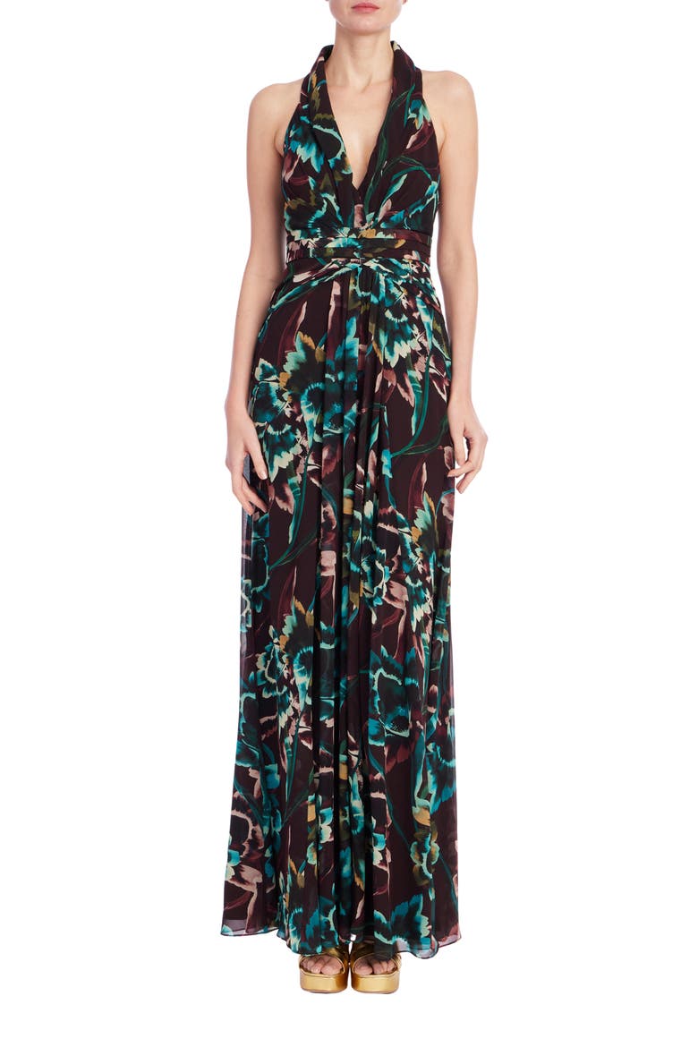 Floral Plunge Neck Georgette Gown, Main, color, WINE FLORAL