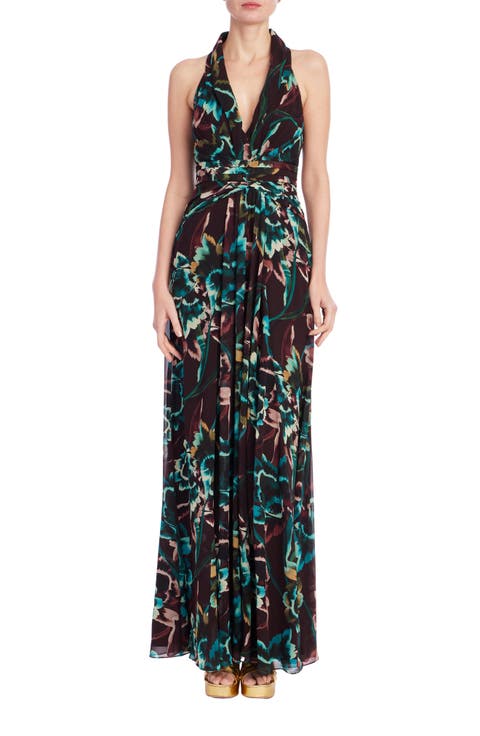 Floral Plunge Neck Georgette Gown