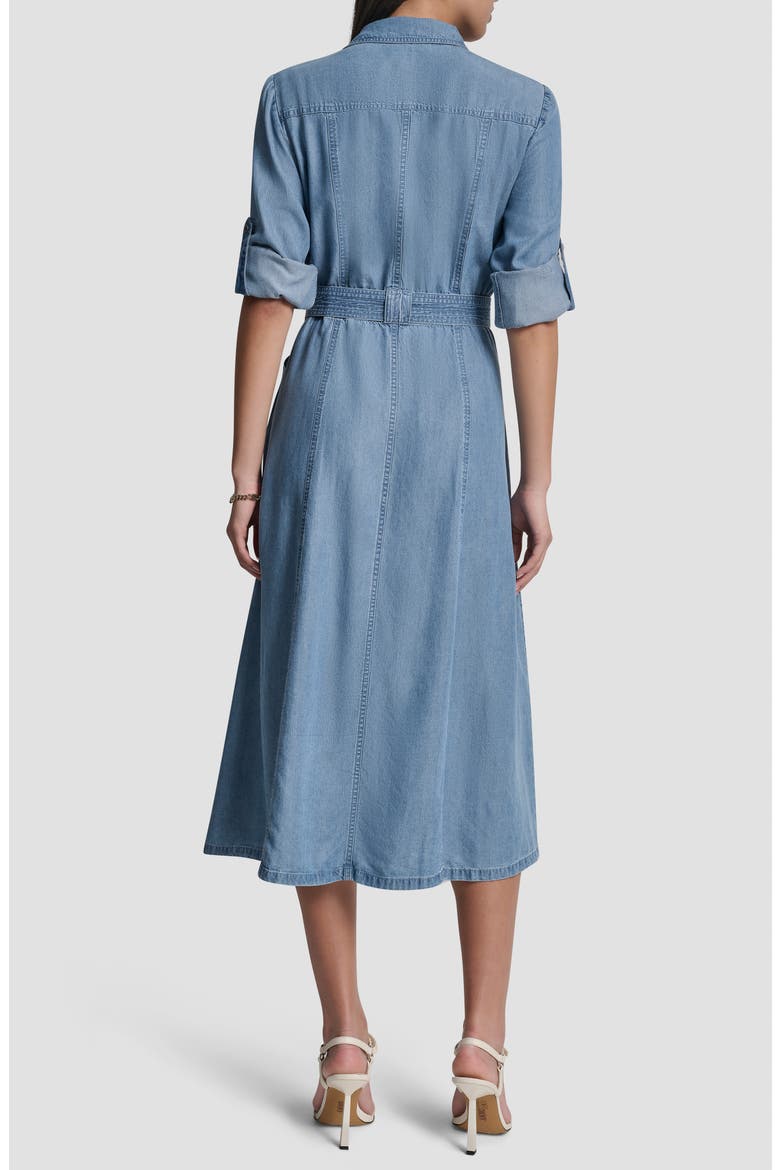 Tie Waist Roll Tab Chambray Midi Shirtdress, Alternate, color, STREAM WASH
