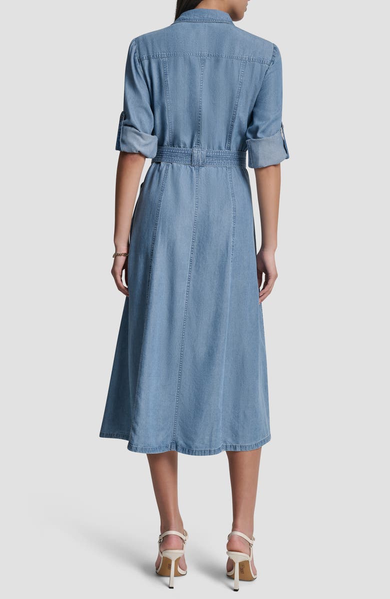 DKNY Tie Waist Roll Tab Chambray Midi Shirtdress, Alternate, color, Stream Wash