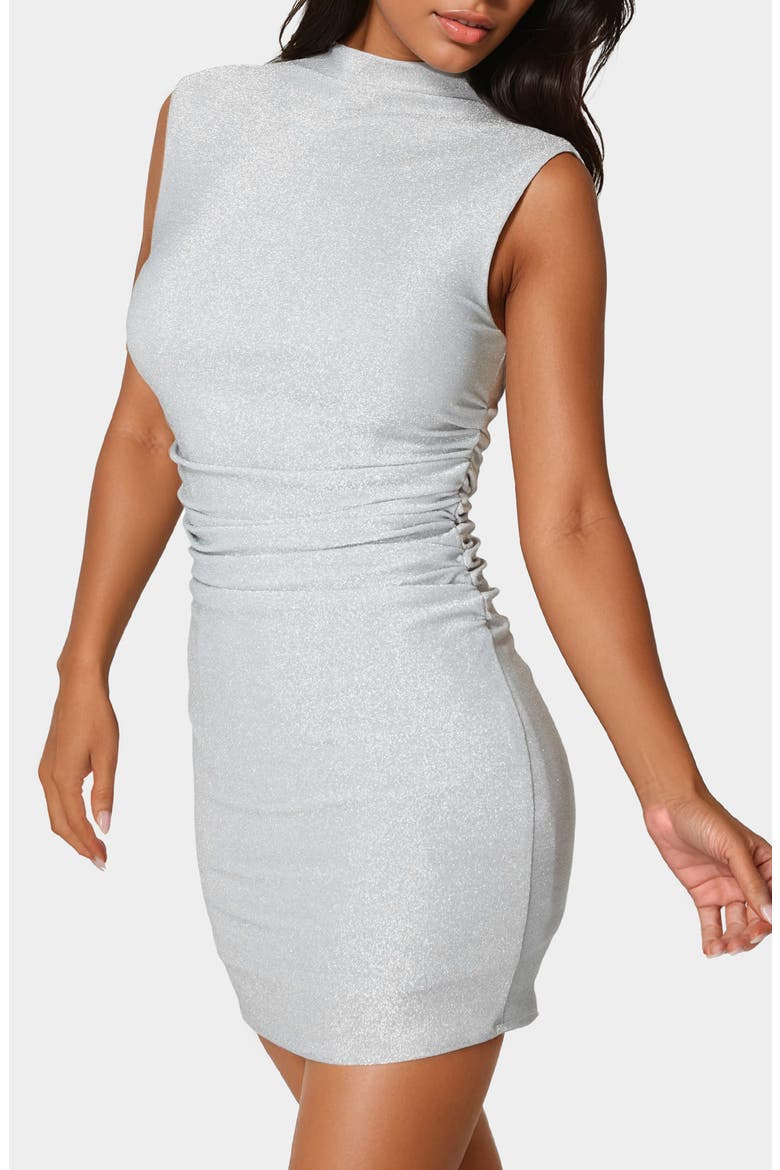 Milan Sleeveless Ruched Metallic Minidress, Alternate, color, SILVER