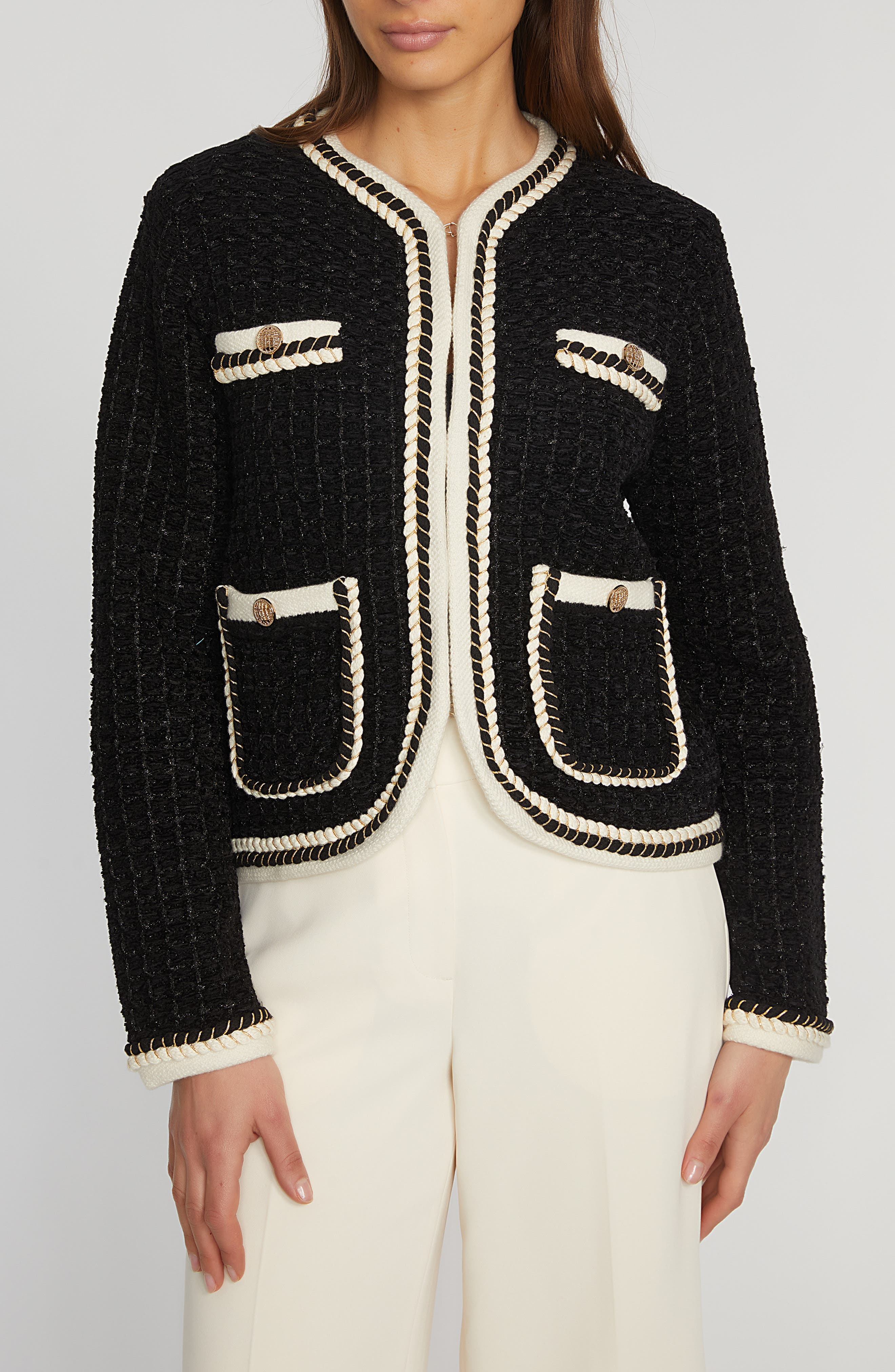 Elie Tahari The Koka Metallic Cardigan in Noir Black/Sky White 