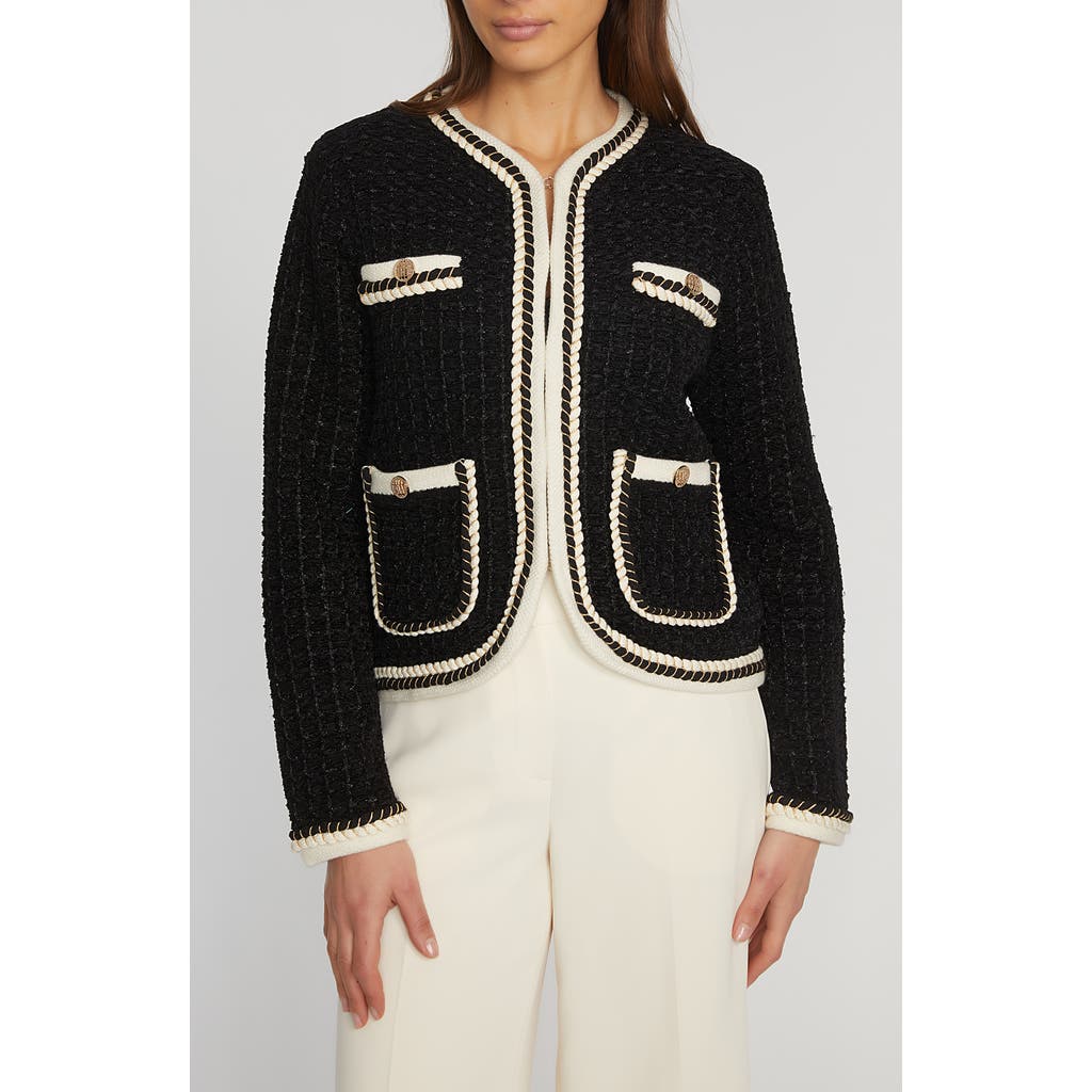 Elie Tahari The Koka Metallic Cardigan in Noir Black/Sky White