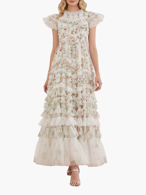 Needle & Thread Colette's La Vie En Rose Round Neck Gown In White