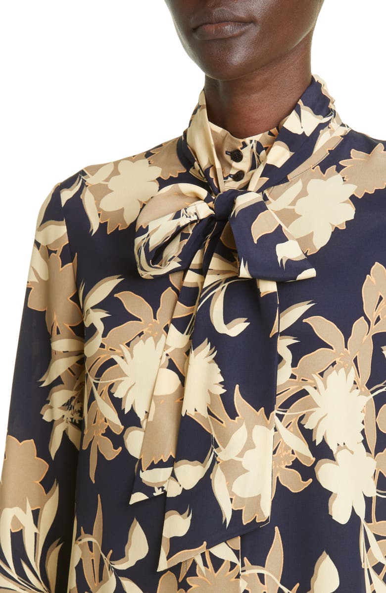 ST. JOHN Floral Print Tie Neck Silk Blend Blouse, Alternate, color, 