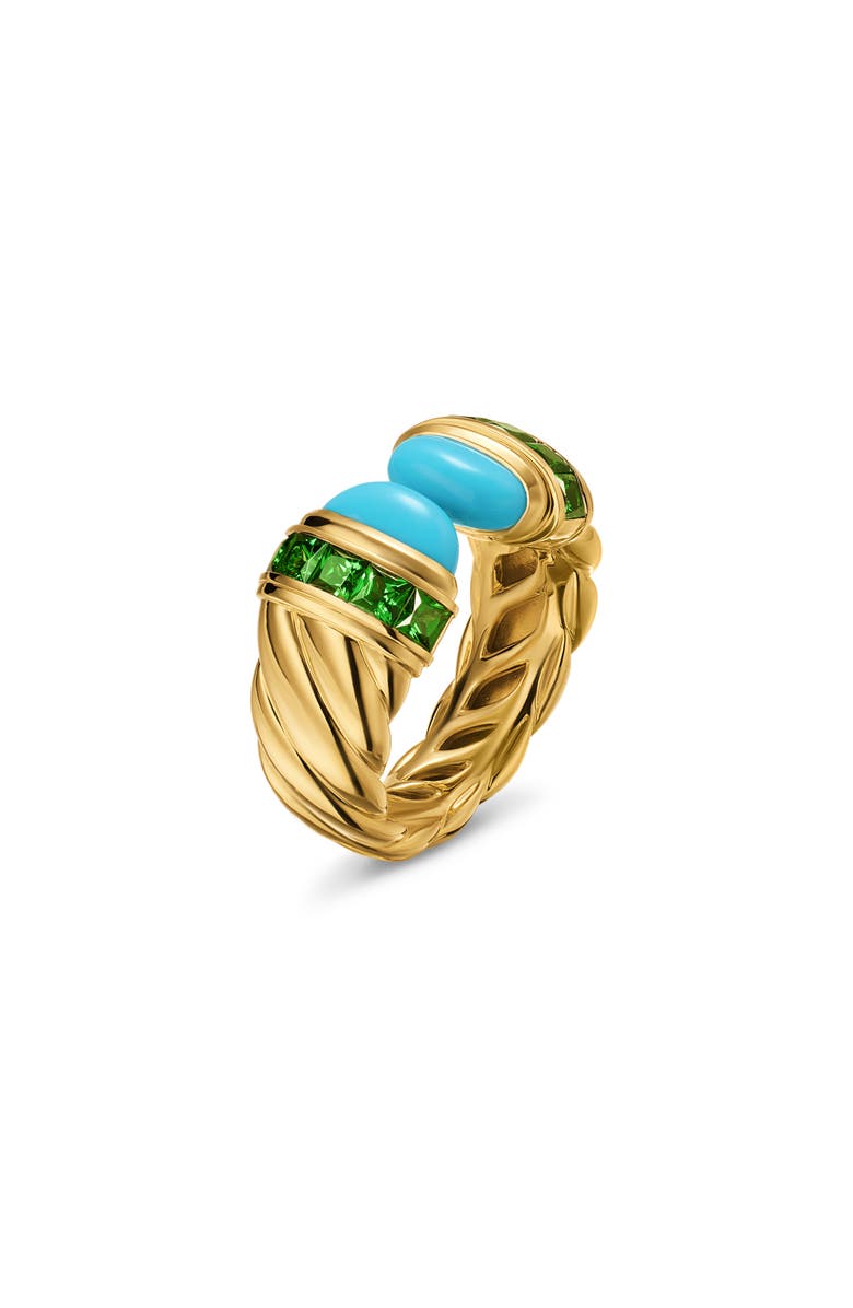 David Yurman Sculpted Cable Open Cocktail Ring in 18K Yellow Gold with Turquoise and Tsavorites, 12.4mm, Alternate, color, Turquoise