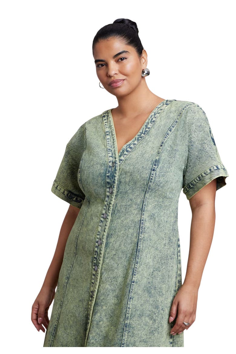 V Neck Flare Denim Dress, Alternate, color, GREEN SNOW WASH