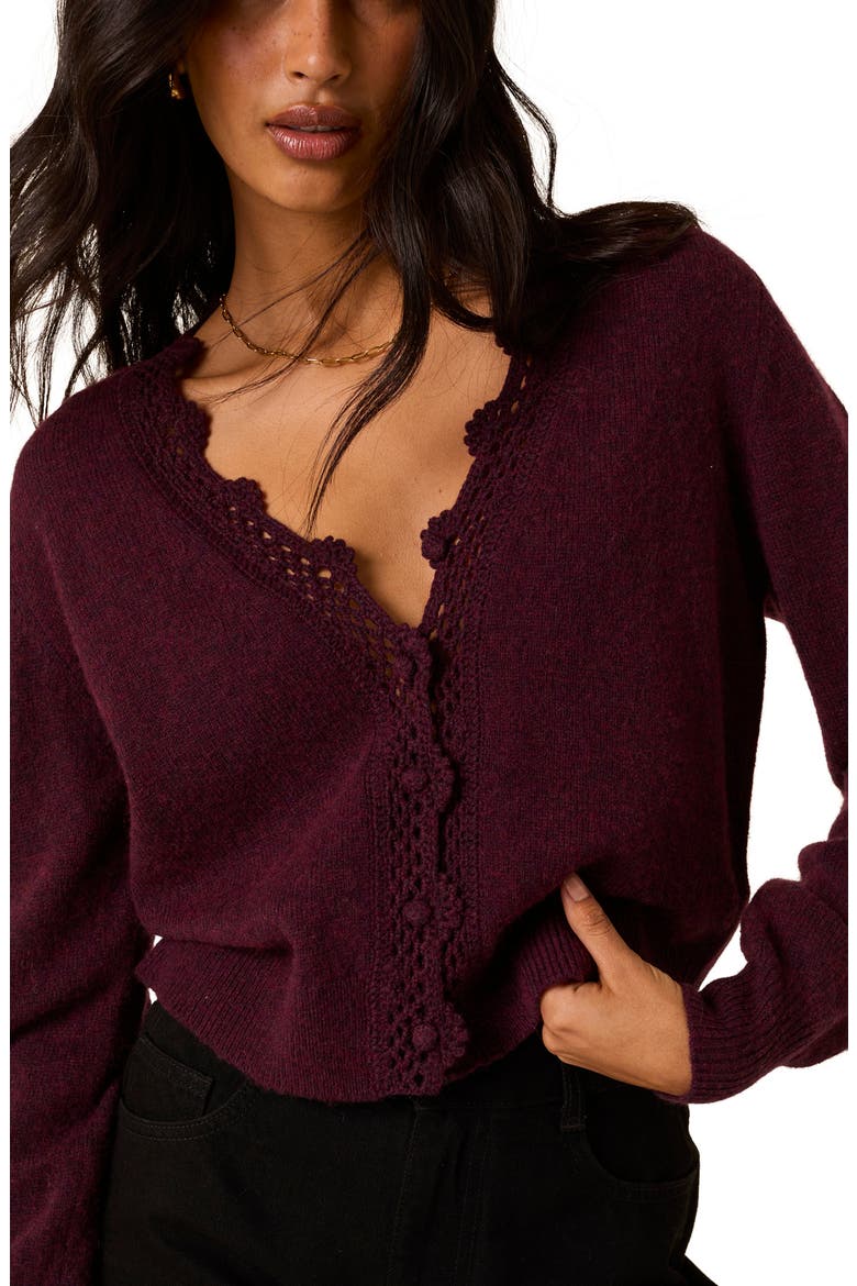 Crochet Trim Cardigan, Alternate, color, DARK RED