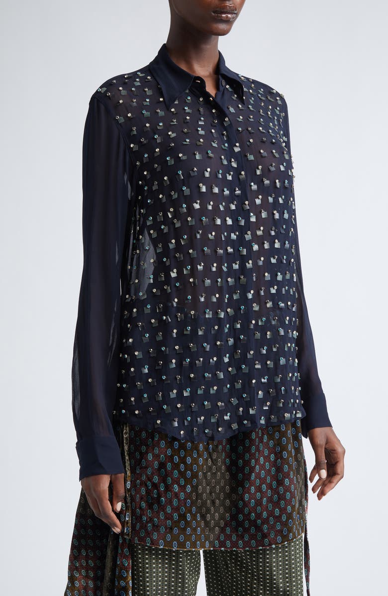 Dries Van Noten Chowyowy Embellished Button-Up Shirt, Alternate, color, Navy
