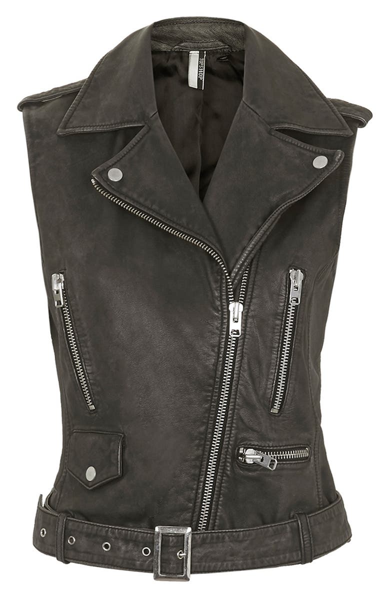 Topshop 'Sylvia' Leather Biker Vest, Alternate, color, 