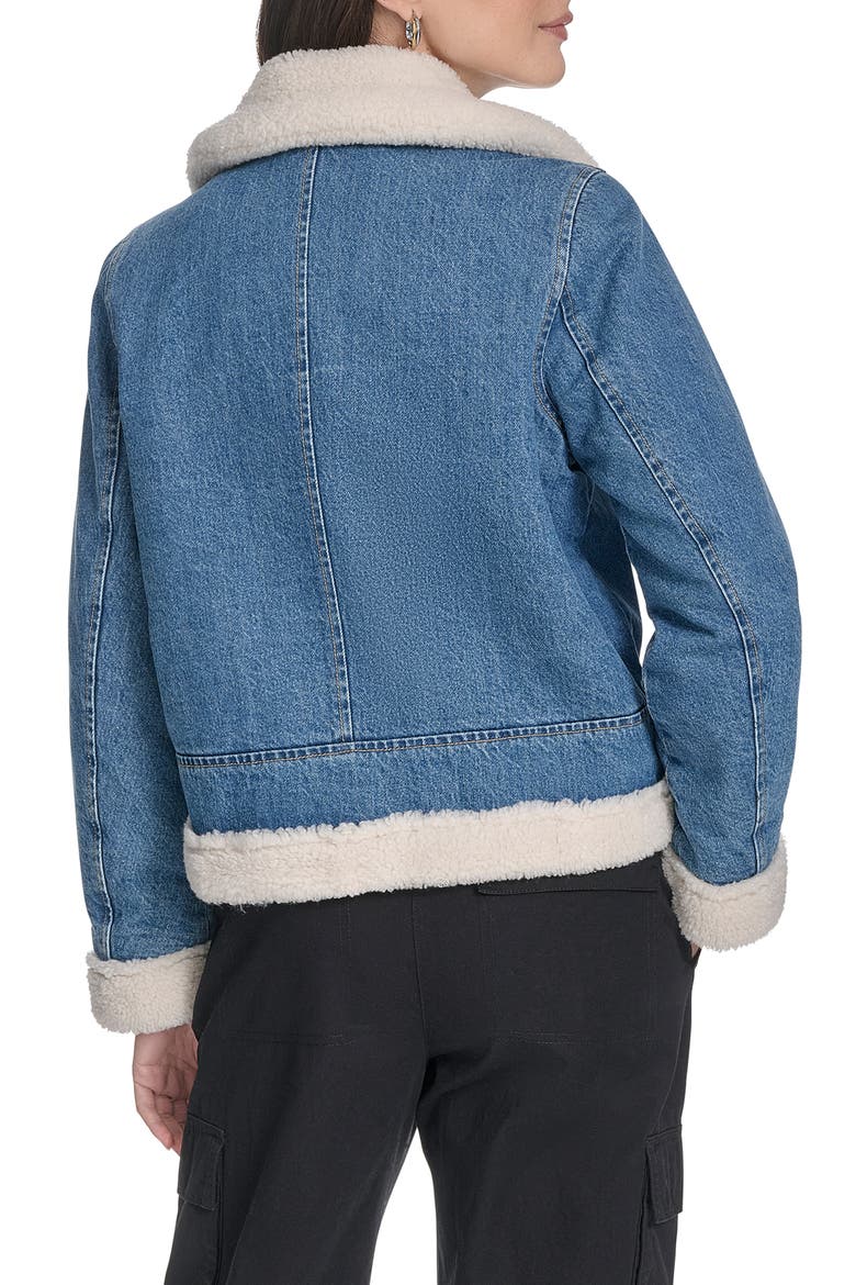 Faux Shearling Lined Denim Moto Jacket, Alternate, color, MEDIUM WASH DENIM