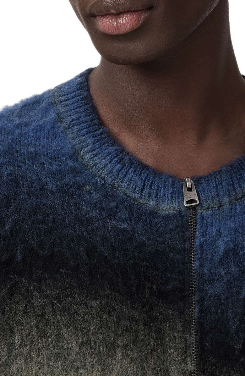 AllSaints Halley Ombré Stripe Crewneck Wool Blend Zip Cardigan, Alternate, color, Blue/ Grey/ Black