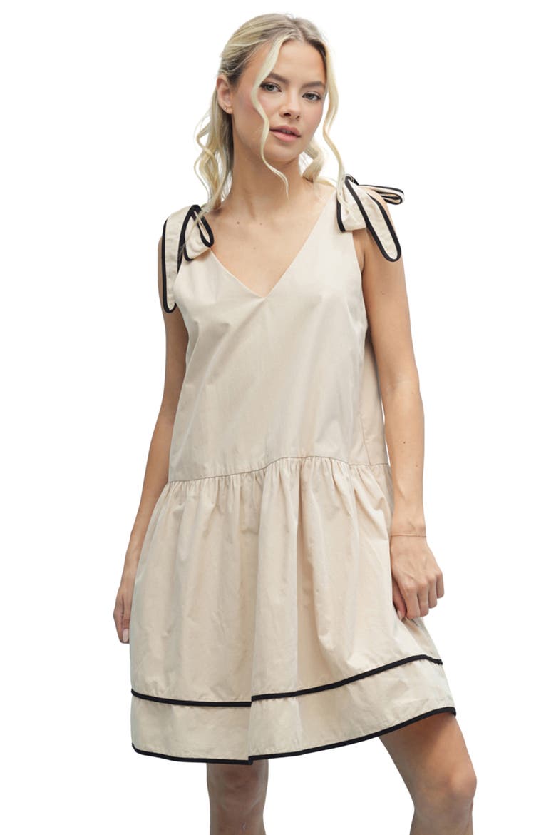 Contrast Bow Tiered Cotton Babydoll Dress, Alternate, color, TAUPE/ BLACK