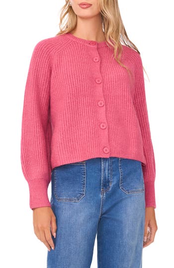 Vince Camuto Saddle Raglan Sleeve Rib Cardigan In Pink