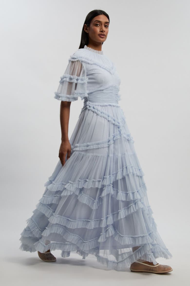 Tulle Ruffle Detail Woven Maxi Dress, Alternate, color, Ice Blue