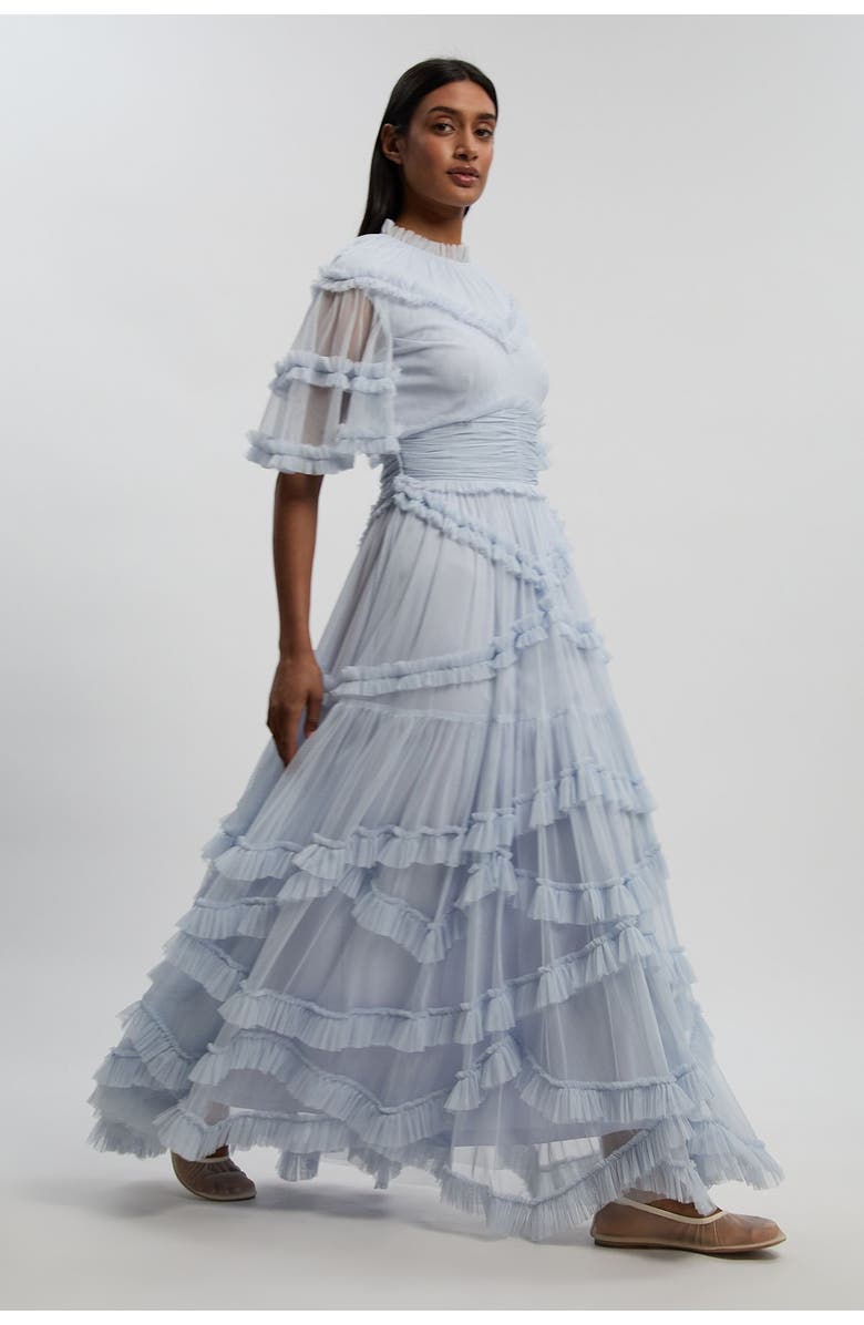 Karen Millen Tulle Ruffle Detail Woven Maxi Dress, Alternate, color, Ice Blue