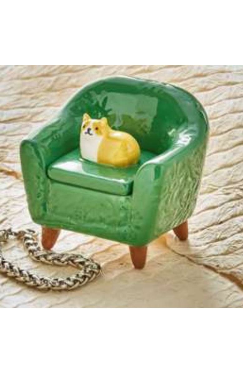 tag Orange Cat Chair Lidded Trinket Box Multi Earthenware Everyday, Alternate, color, Green