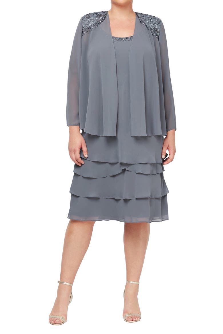 Embellished Tiered Dress with Jacket, Main, color, STE