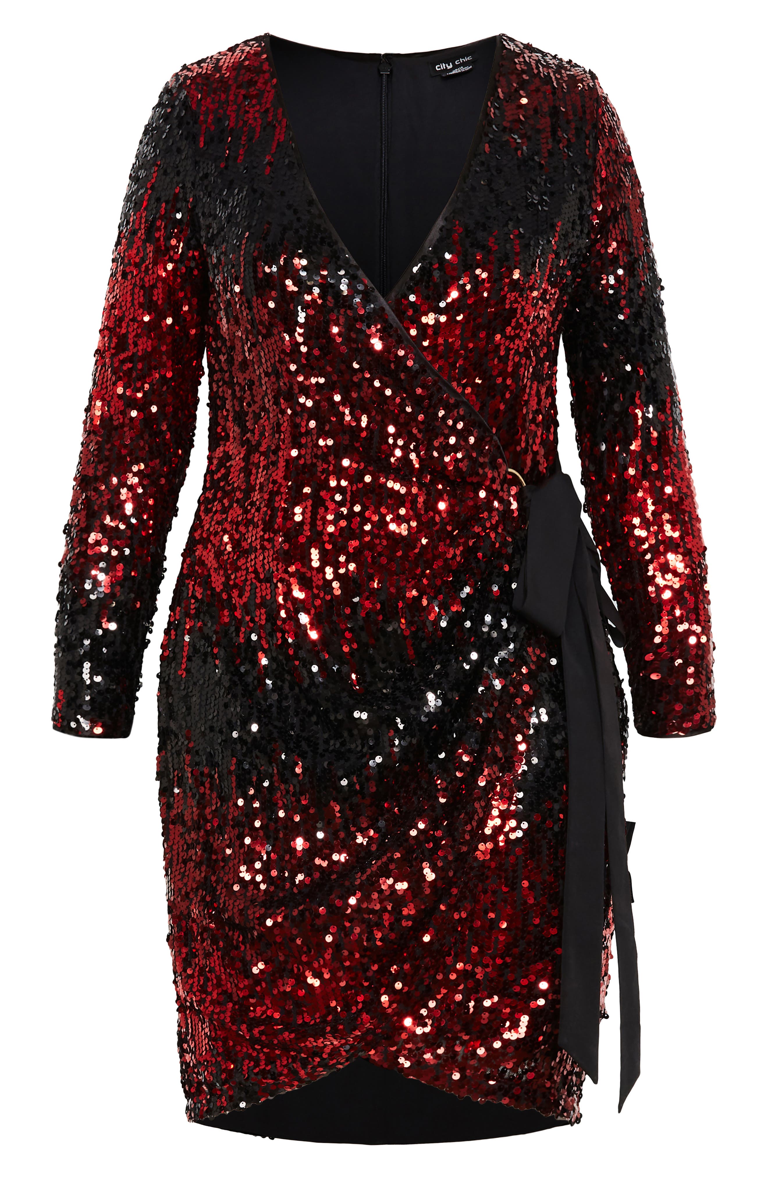 City Chic Arielle Long Sleeve Sequin Wrap Front Dress In Black