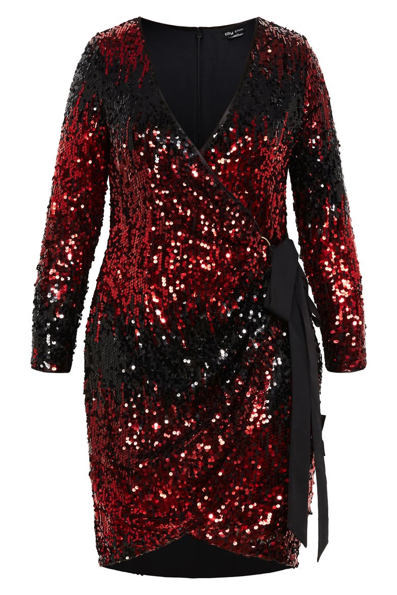 Arielle Long Sleeve Sequin Wrap Front Dress, Alternate, color, RUBY