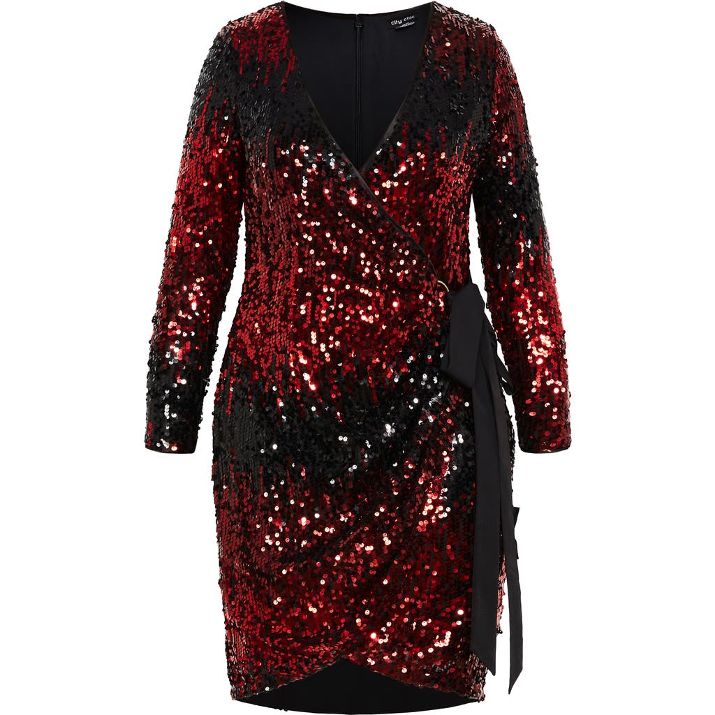 City Chic Arielle Long Sleeve Sequin Wrap Front Dress In Black