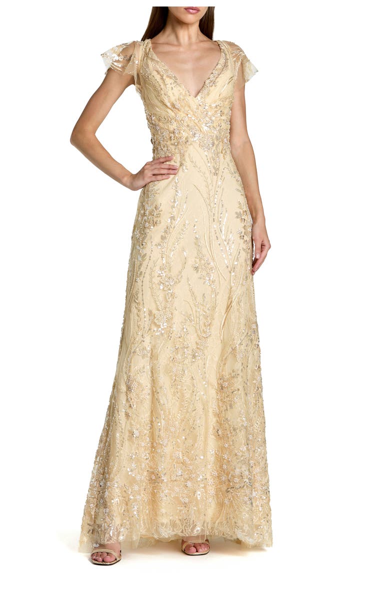 Mac Duggal V-Neck Flutter Sleeve Embroidered Lace Evening Gown, Main, color, Gold