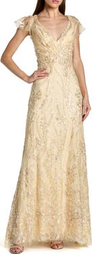 Mac Duggal V-Neck Flutter Sleeve Embroidered Lace Evening Gown