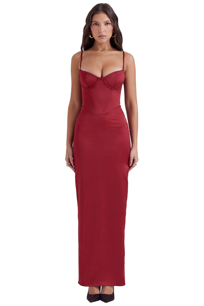 Stefania Underwire Corset Bodice Satin Gown, Alternate, color, BLOOD RED