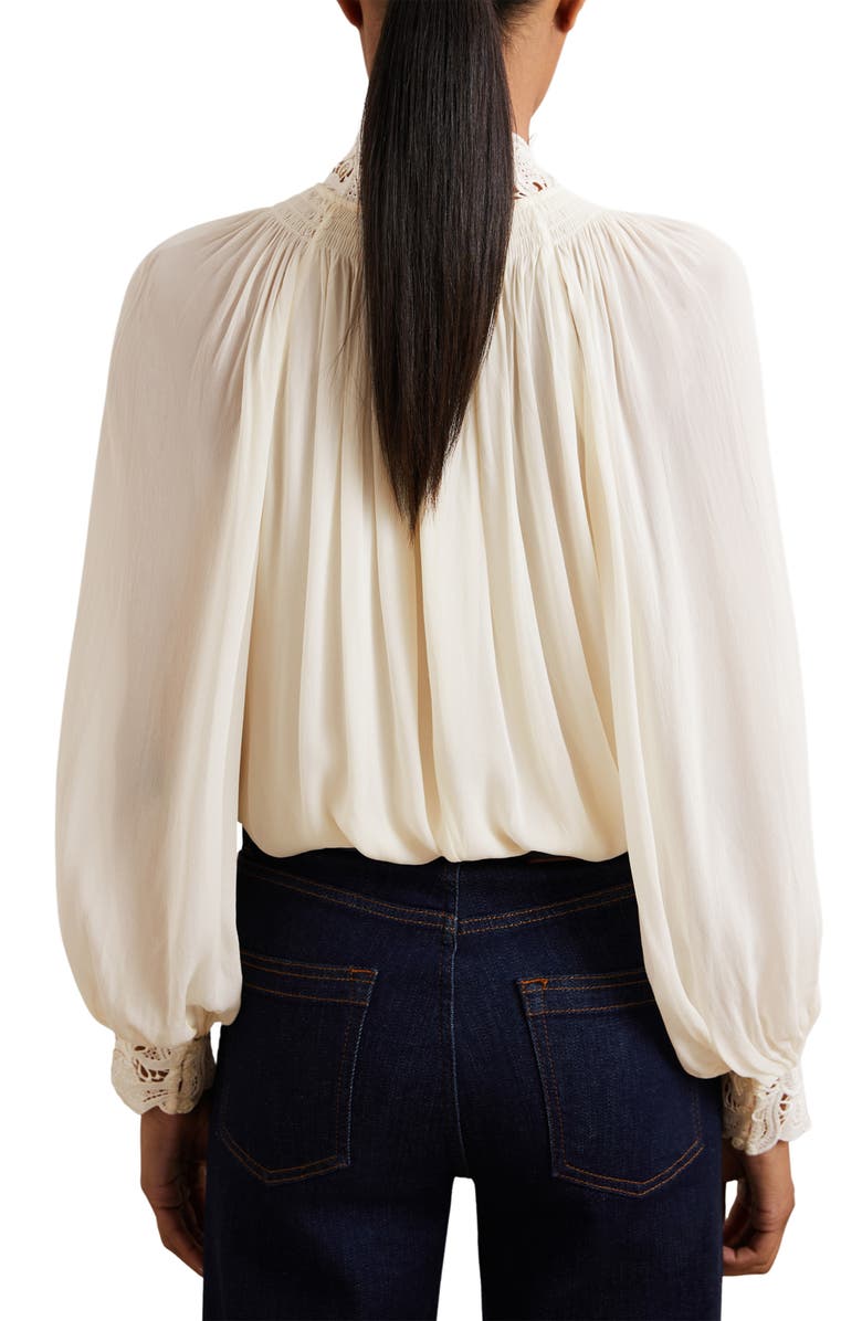 Reiss Czara Lace Accent Smocked Yoke Top, Alternate, color, Cream