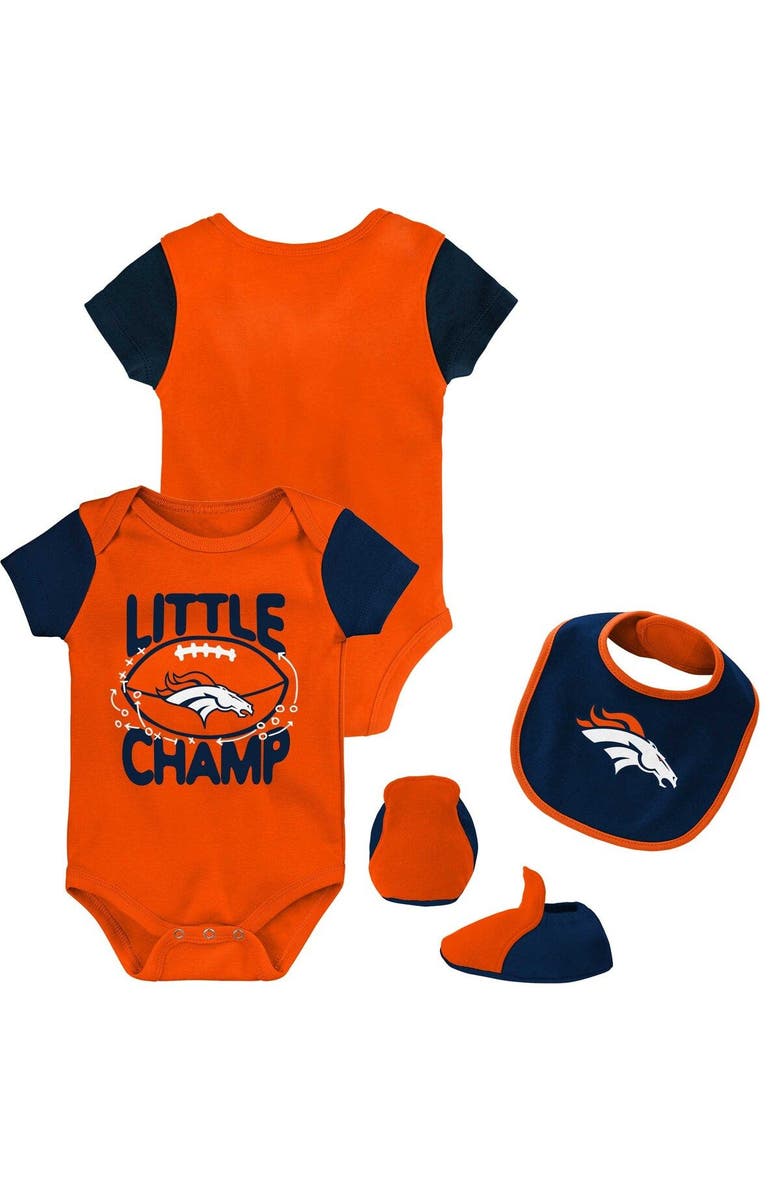Outerstuff Newborn & Infant Orange/Navy Denver Broncos Little Champ Three-Piece Bodysuit Bib & Booties Set, Main, color,