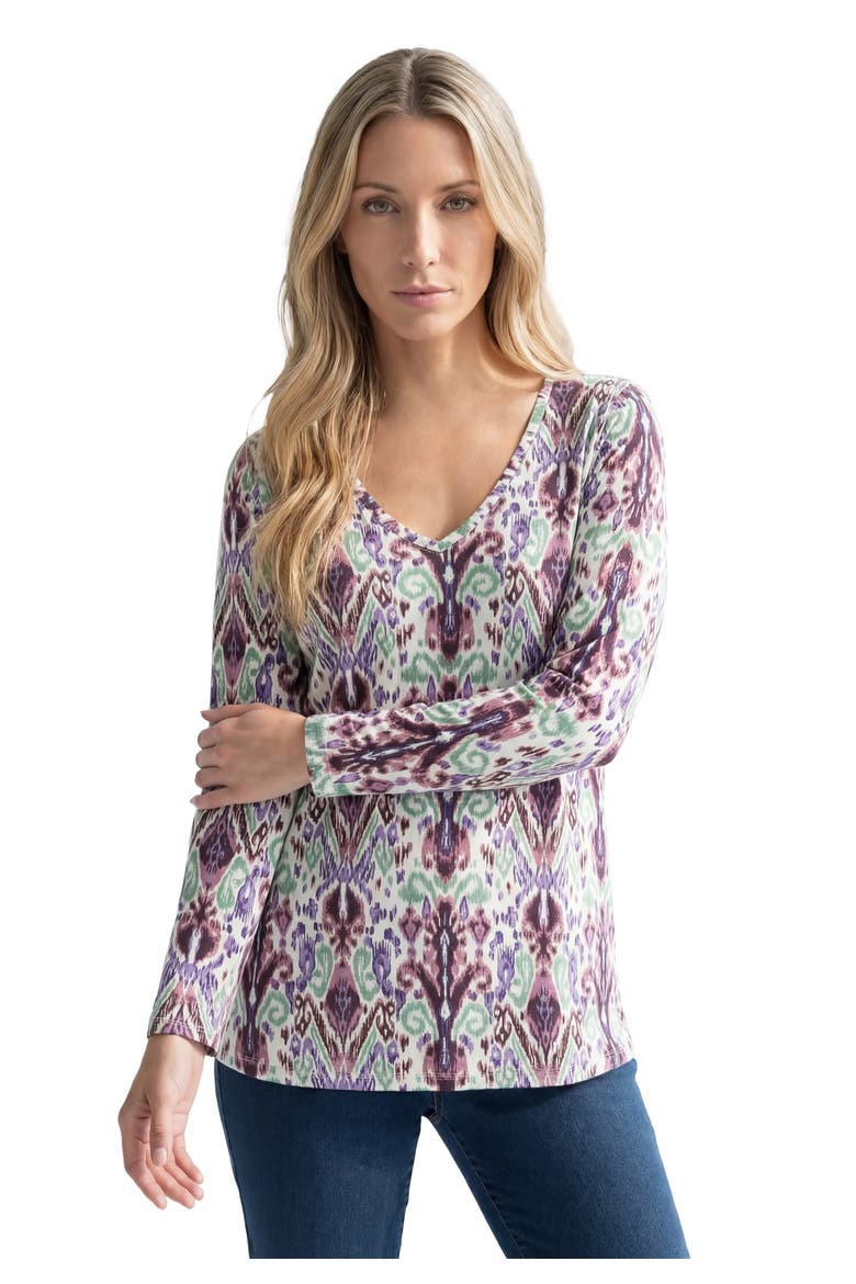 Plus Size Ultimate Long Sleeve V Neck Tee, Main, color, BERRY IKAT STENCIL