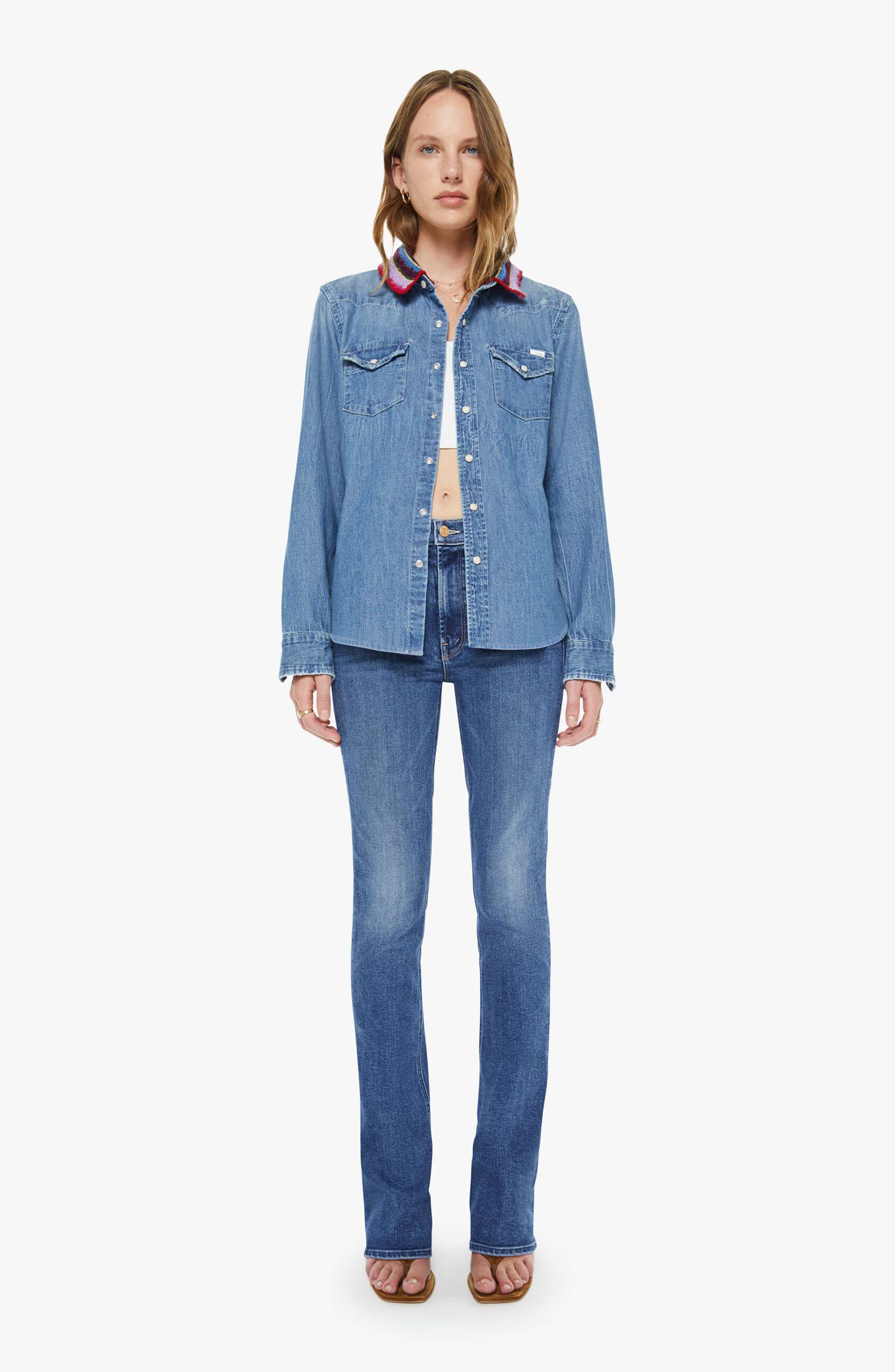 The Collar Club Denim Shirt Jacket with Removable Crochet Collar